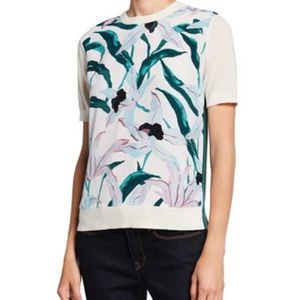 Floral Silk Print Front Short-Sleeve Sweater | New Ivory / Desert Bloom